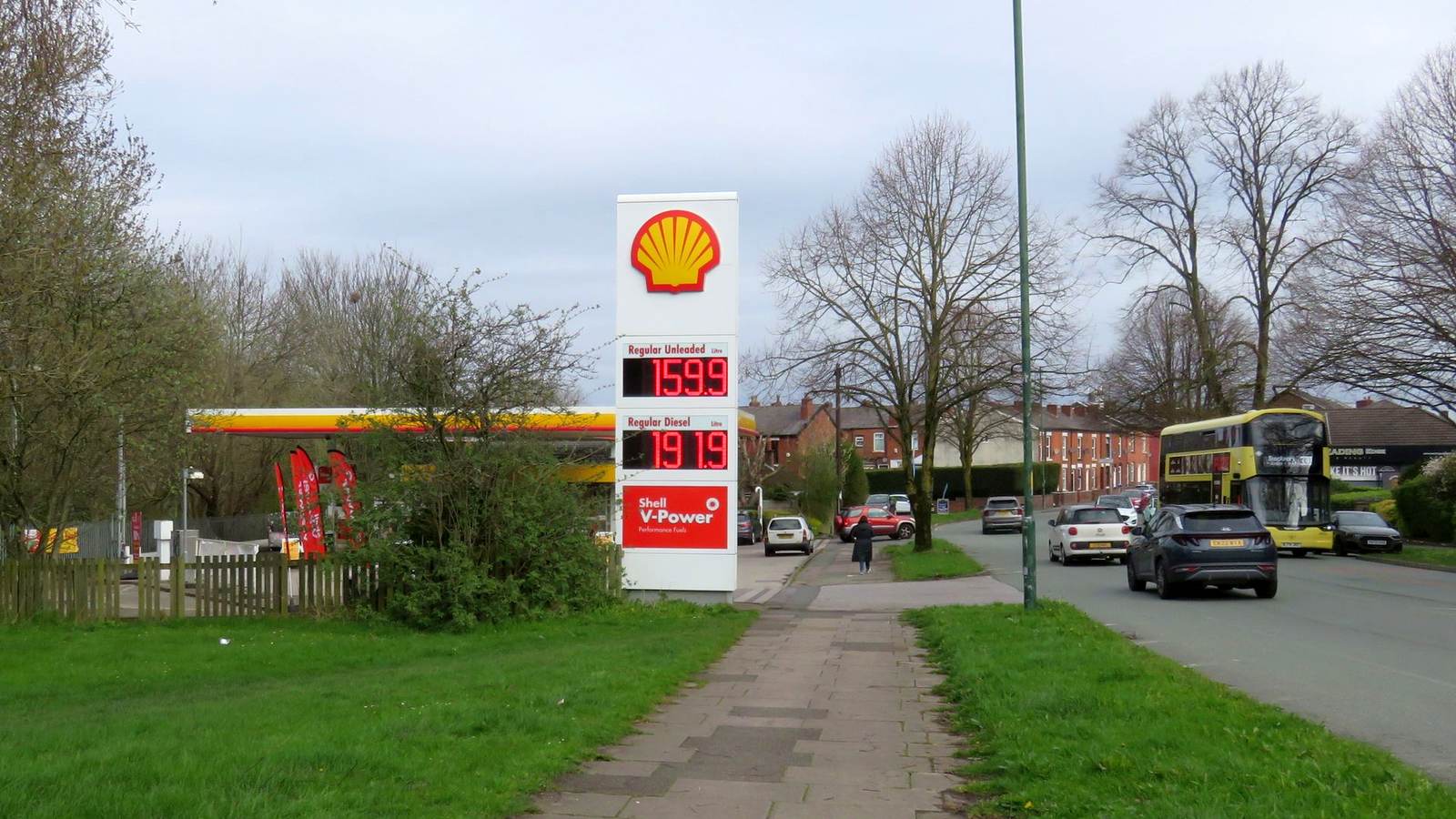 Shell forecourt price sign on Dowson Road in Hyde, Greater Manchester, showing regular diesel at 191.9p a litre and regular unleaded at 159.9p