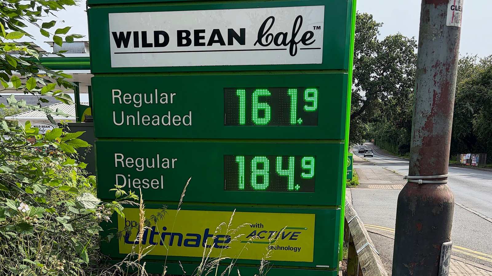 BP forecourt price sign in Warwick showing regular unleaded at 161.9p and regular diesel at 184.9p a litre